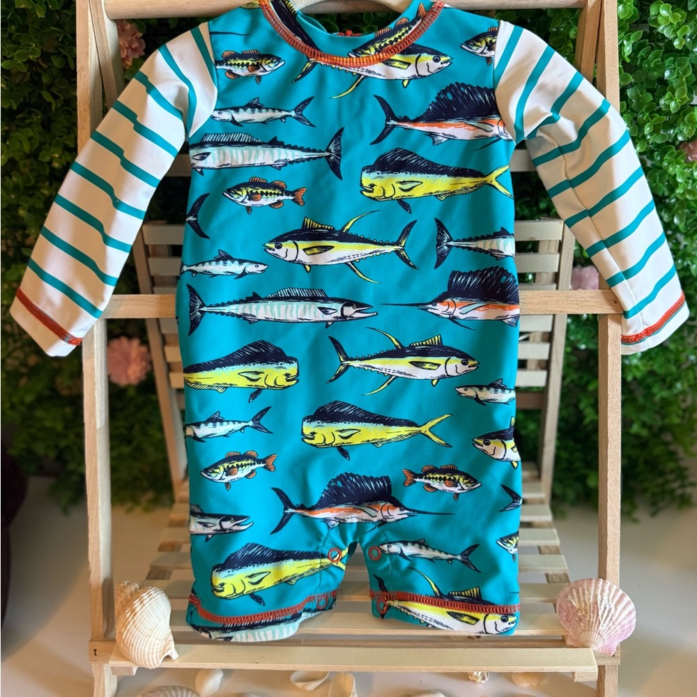 Hatley Blue Fish Print Kids Swim Rashguard
